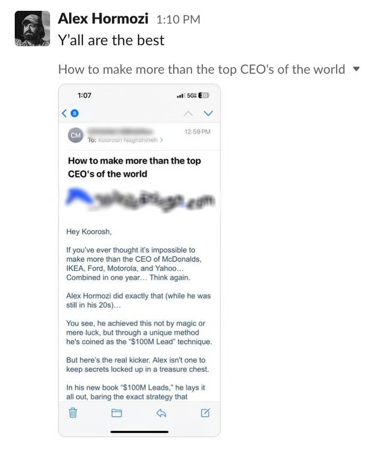 Alex Hormozi referencing commission-based email marketing work